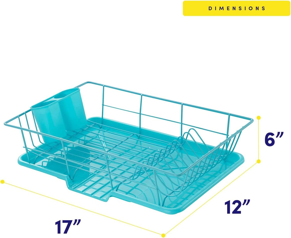 Space-Saving 3-Piece Dish Drainer Rack Set: Efficient Kitchen Organizer for Quick Drying and Storage - Includes Cutlery Holder and Drainboard - Maximize Countertop Space, Turquoise Blue