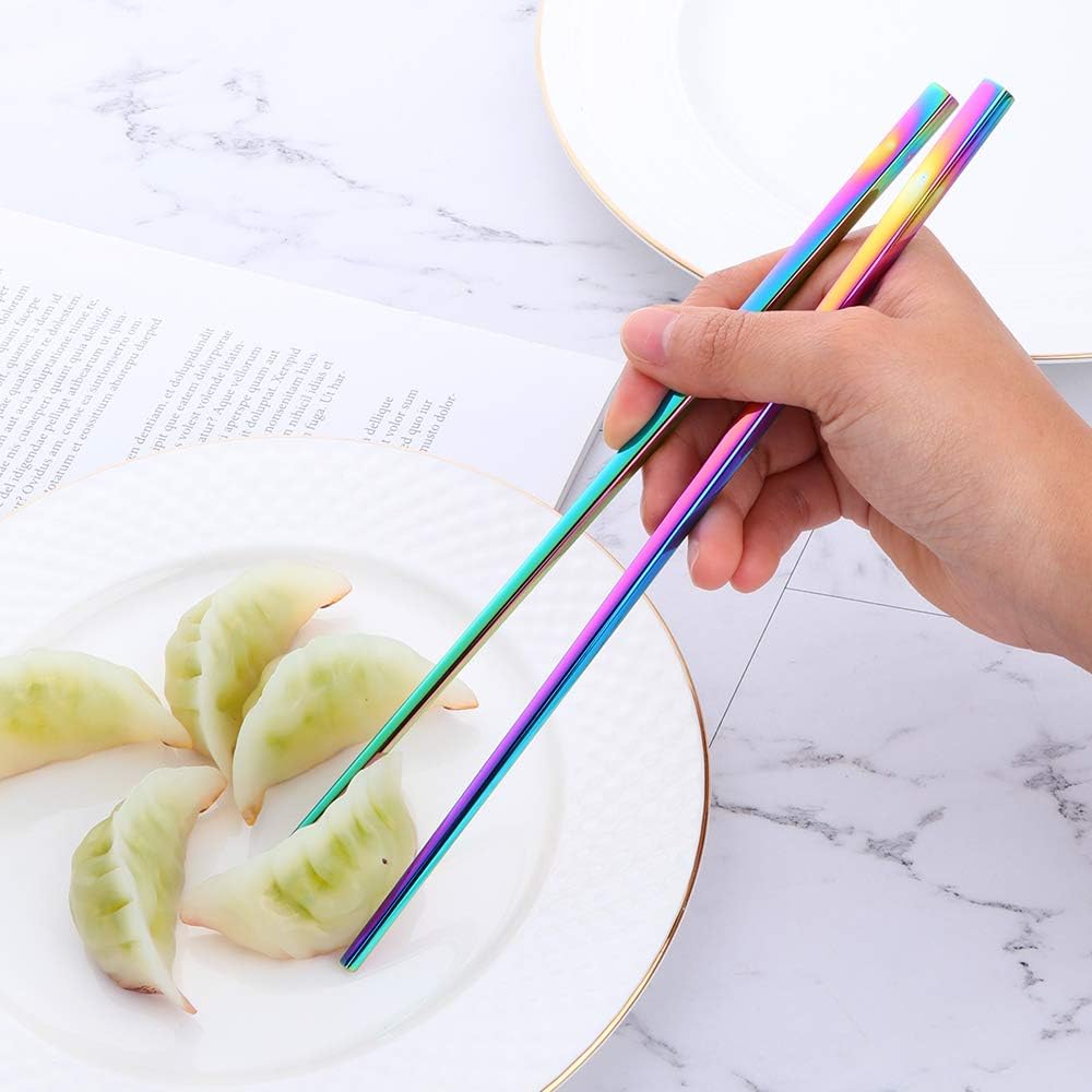 Buyer Star Rainbow Stainless Steel Chopsticks - 5-Pair Reusable Chinese Square Chopsticks