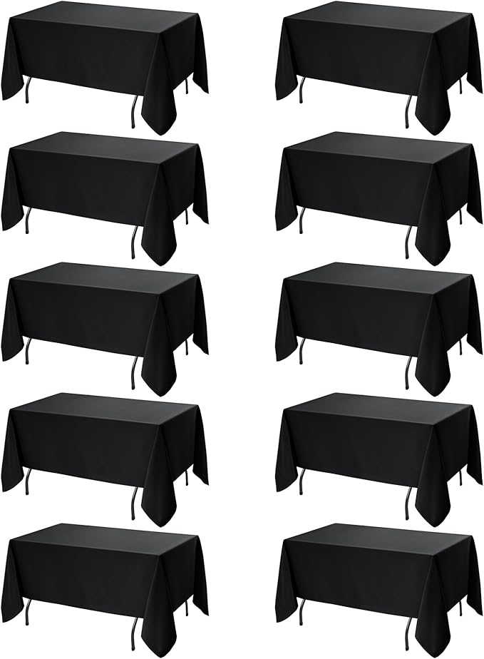 10-Pack Black Tablecloths for Rectangle Tables, 60 x 120 Inches, Stain-Resistant Polyester Fabric for 6 Foot Tables - Washable Table Covers for Weddings, Banquets, Birthday Parties, Events