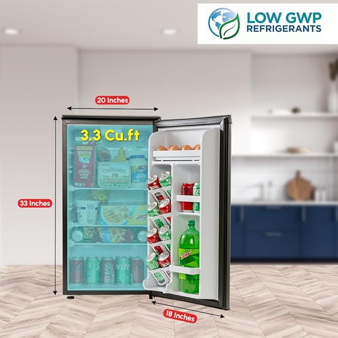 roomwell E-Star 3.3 Cu Ft Mini Fridge without Freezer - AUTO DEFROST, Reversible Single Door, Glass Shelf Refrigerator - A Space-Saving Marvel for Your Bedroom, Dorm, and Office