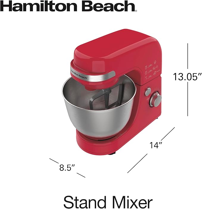 Hamilton Beach Electric Stand Mixer, 4 Quarts, Dough Hook, Flat Beater Attachments, Splash Guard 7 Speeds with Whisk, Red