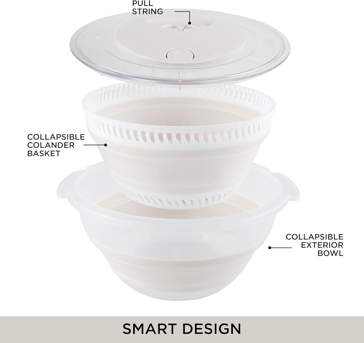 COOK WITH COLOR Collapsible Salad Spinner - 4 QT Space Saving Lettuce Dryer with Folding Collapsible Colander Great for Washing and Drying Fruit and Vegetables (White)