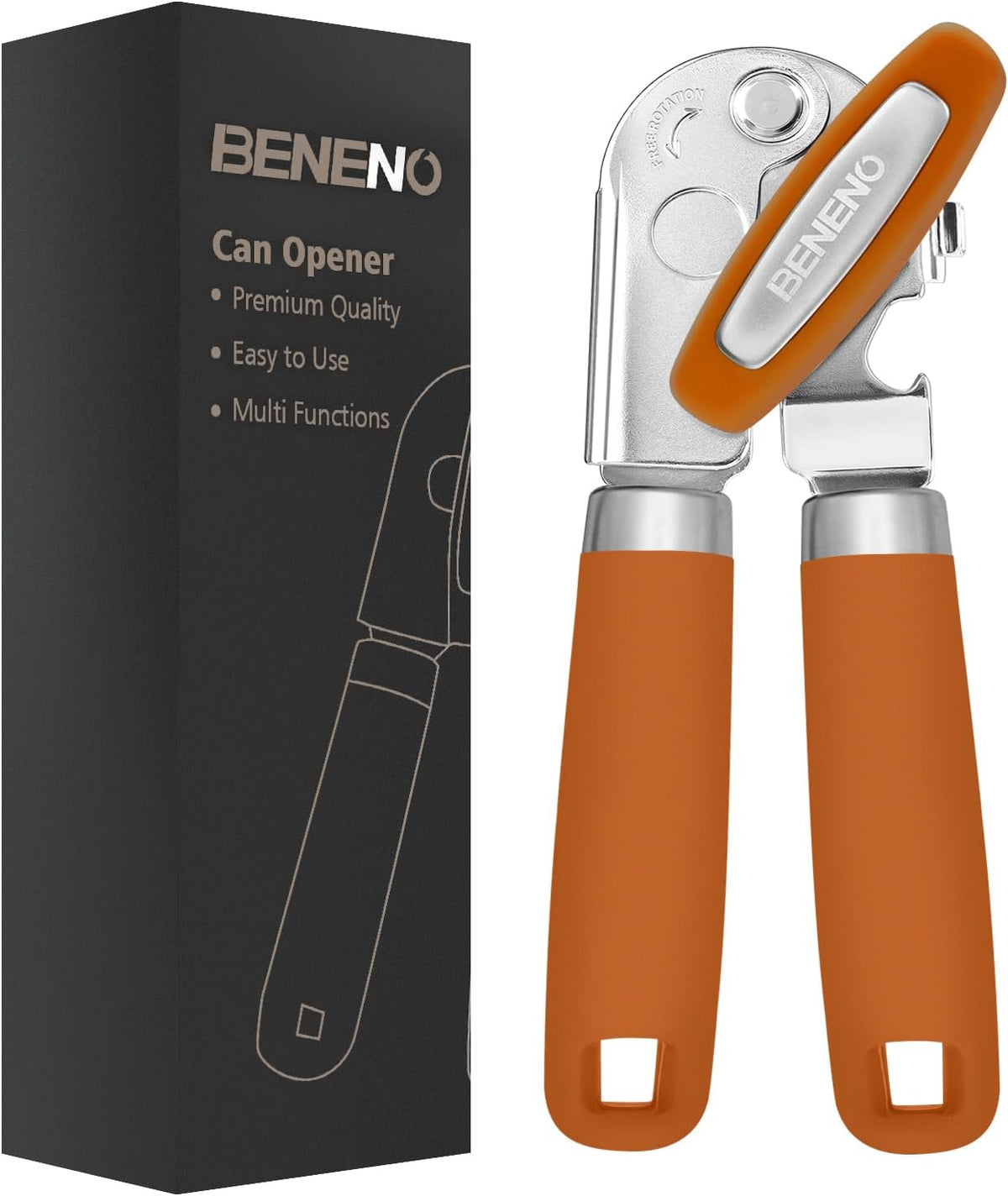 Beneno Can Opener Manual with Magnet, Hand Held Heavy Duty Can Opener with Durable Sharp Blade Smooth Edge, Big Effort-Saving Knob, Soft Grip Rubber Handle, Multifunctional Bottle Opener, Orange