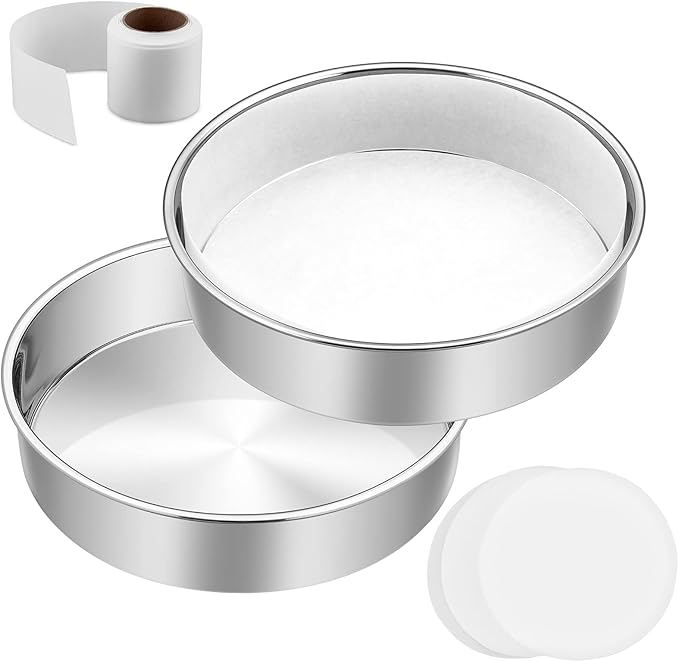 8 Inch Cake Pan Set of 2, E-Far Stainless Steel Round Layer Cake Baking Pans with Parchment Rounds & Side Liner Roll, Non-Toxic & Healthy Metal Cakes Tin, Straight Side & Dishwasher Safe