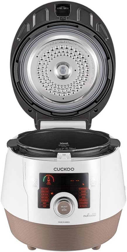CUCKOO Electric Pressure Cooker 14 Menu Options: White, Slow Cook, Sous Vide, Porridge, & More, User-Friendly LED Display, Stainless Steel Inner Pot, 24 Cup / 6 Qt. (Uncooked) CMC-ASB601F White/Gold