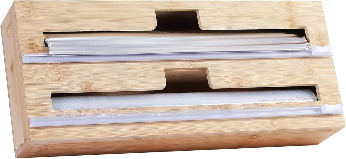 2 in 1 Plastic Wrap Dispenser with Cutter，Bamboo Foil and Plastic Wrap Organizer,Aluminum Foil and Wax Dispenser for Kitchen Drawer Storage Organization