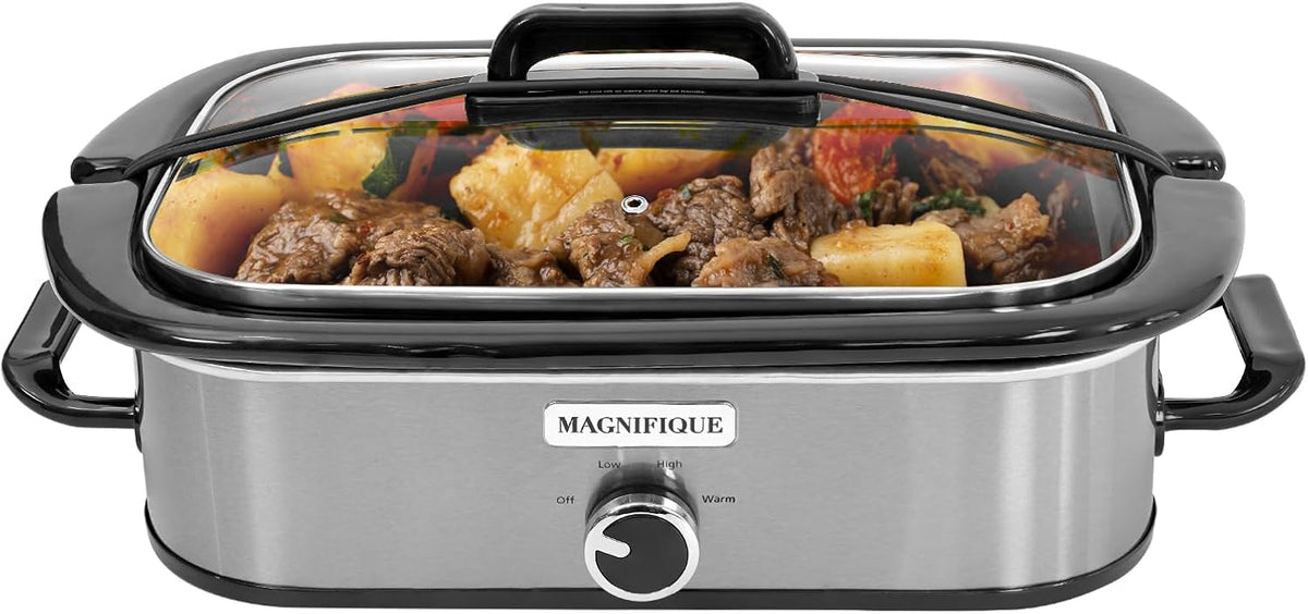 Magnifique 4-Quart Slow Cooker with Casserole Manual Warm Setting - Perfect Kitchen Small Appliance for Family Dinners, Dishwasher Safe Crock, Stainless Steel