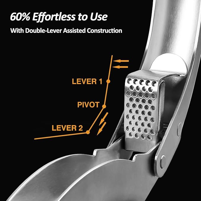 VOVOLY Premium Garlic Press Stainless Steel, No need to Peel Garlic Presser, Heavy Duty Professional Grade Double Lever-Assisted Garlic Mincer with High Capacity Chamber- Easier Clean Garlic Crusher