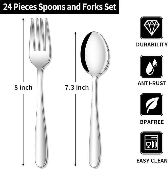 24-piece Forks and Spoons Silverware Set, Amafox Food Grade Stainless Steel Flatware Cutlery Set for Home, Kitchen and Restaurant, Mirror Polished Forks and Spoons Set for 12, Dishwasher Safe