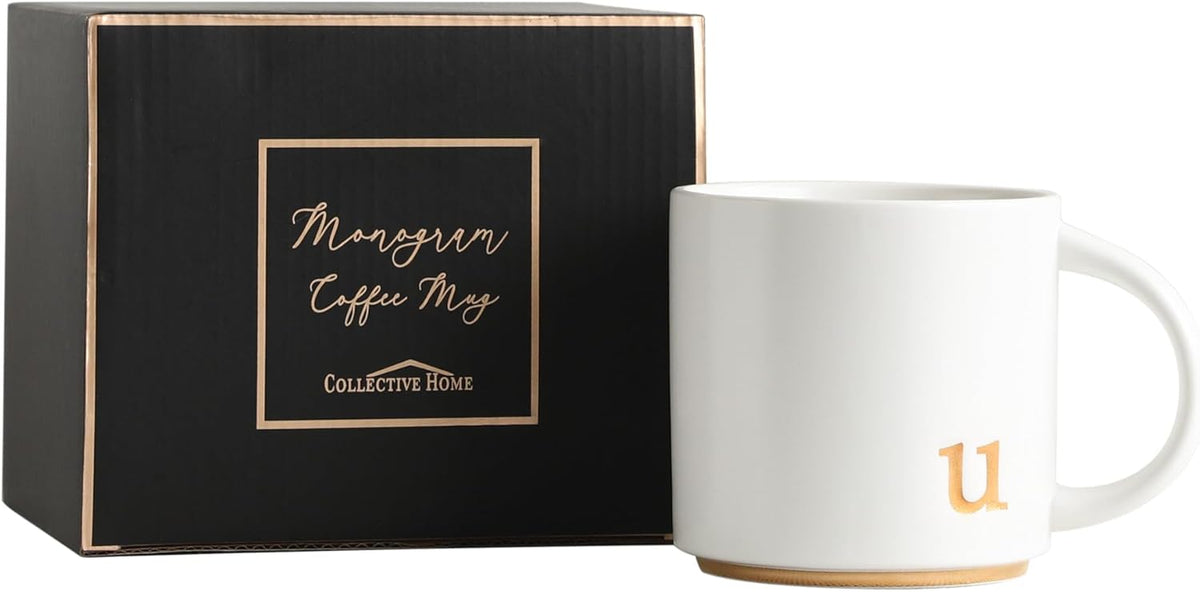 COLLECTIVE HOME - Monogram Ceramic Mugs, 15 oz Golden Initial Coffee Cups, Elegant Alphabet Tea Mugs, Elegant Personalized Mug with Gift Box, Luxurious Cups for Office and Home (u)