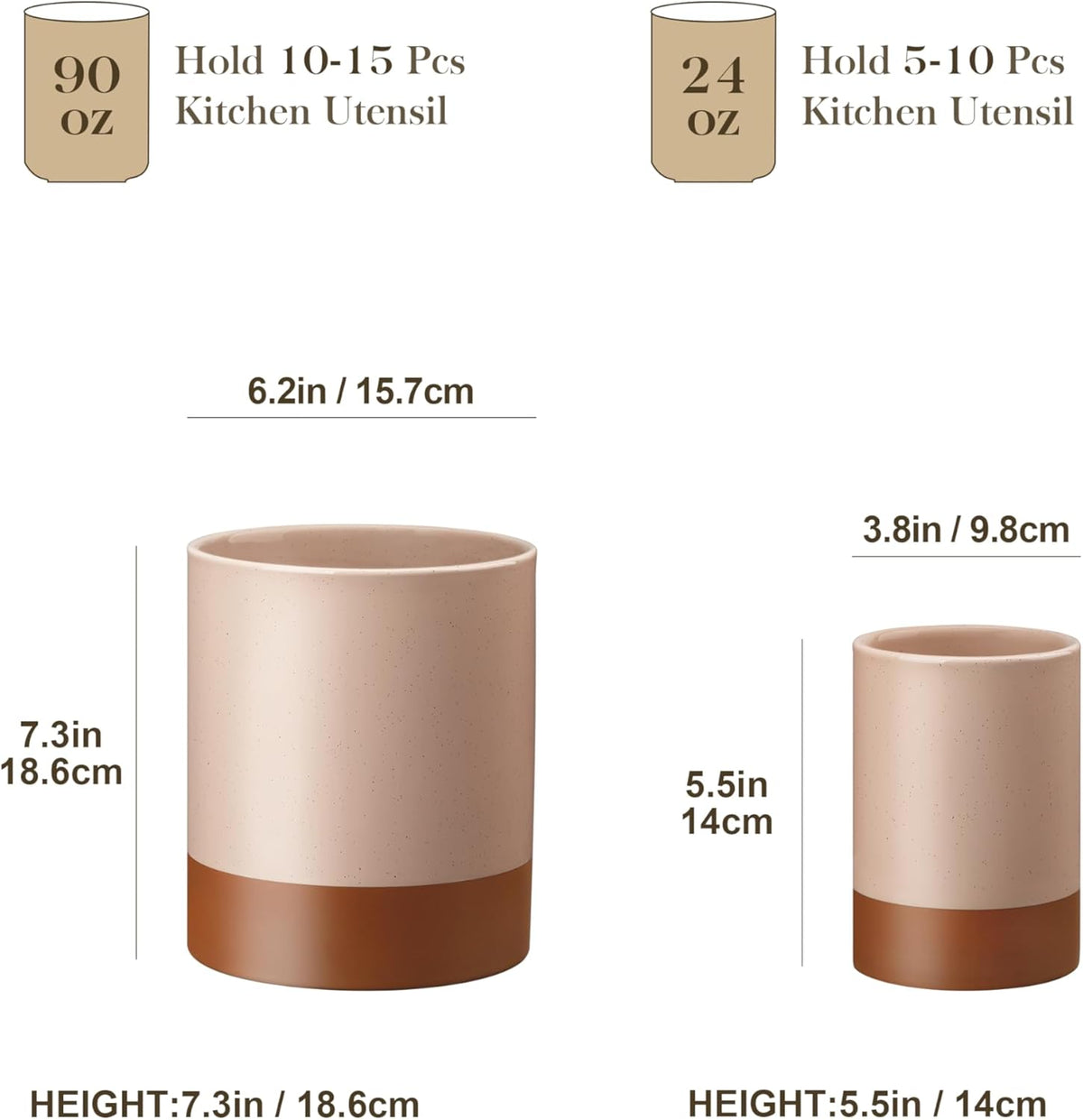 MALACASA Utensil Holder, 7.3"+5.5" Ceramic Kitchen Utensil Holder for Countertop, Large Cooking Utensil Crocks for Kitchen Counter, Farmhouse Utensils Organizer, Set of 2, Khaki Pink, Series TARA