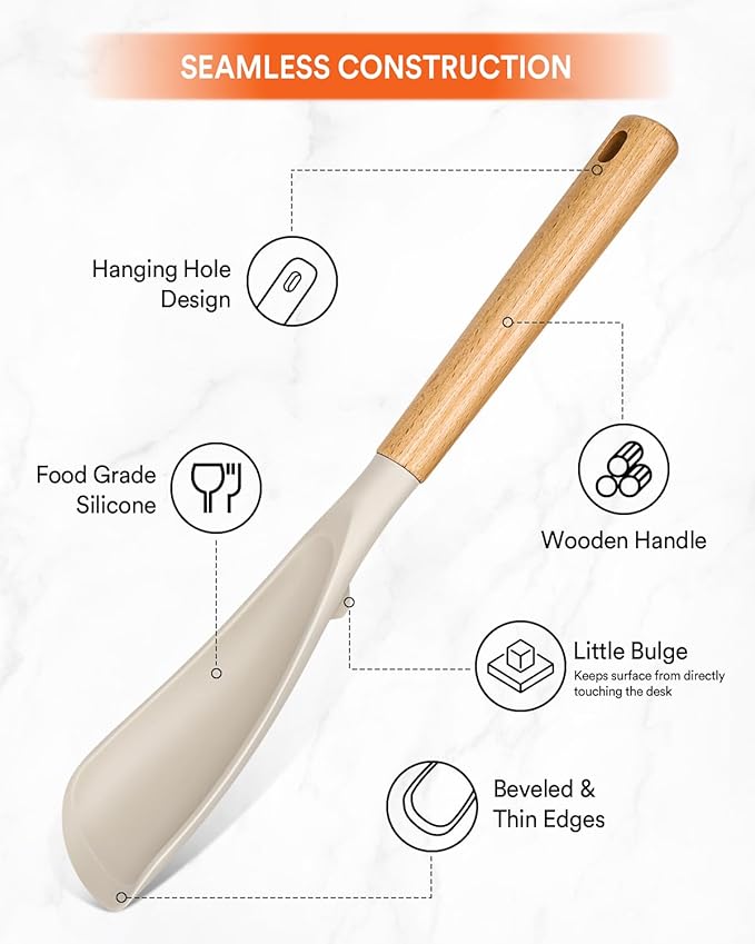 Multifunction Spatula Spoon for Nonstick Cookwares, Great for Cooking and Serving, Sturdy BPA-Free Matte Silicone, Wood Handle Spatula for Mixing, Scoop, and Scrape, Khaki(2 pack,11.4" & 13.4")
