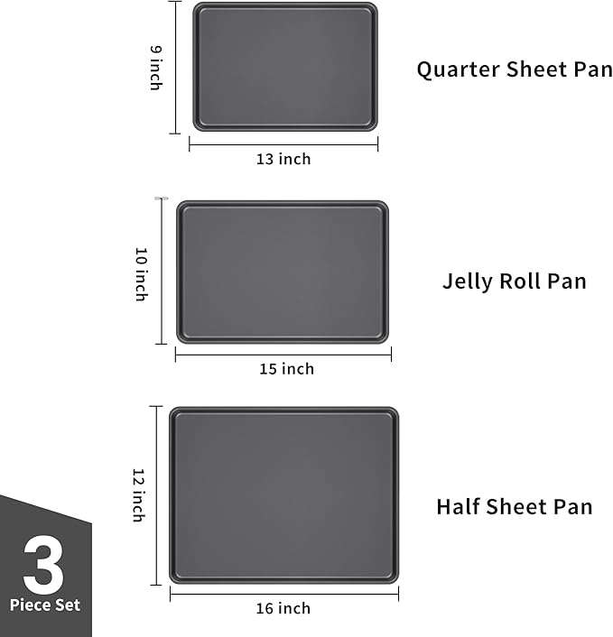 LISI 3-Piece Nonstick Baking Sheet Set – 16"x12", 15"x10", 13"x9" Carbon Steel Cookie Sheet Pan Set, Baking Trays for Oven, Heavy-Duty Bakeware for Home Kitchen