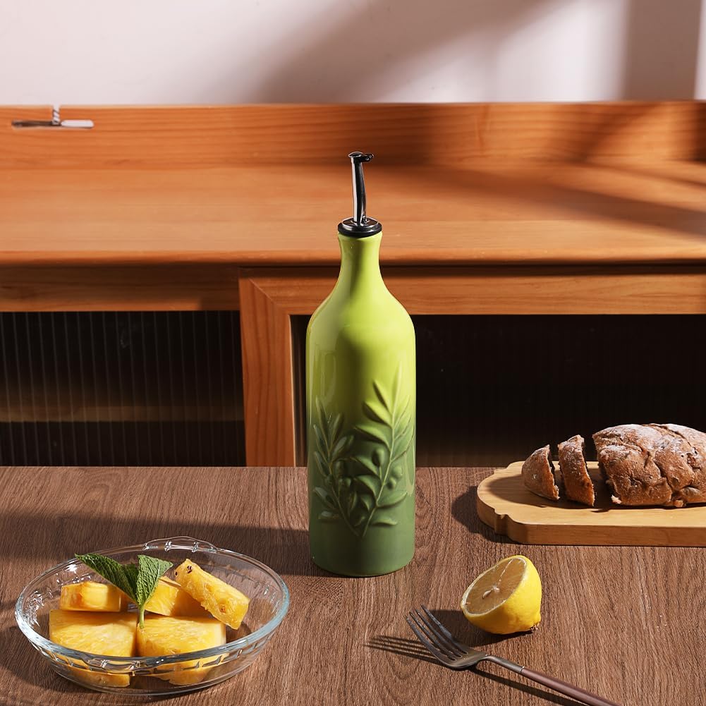 Sweejar Large Ceramic Olive Oil Dispenser Bottle, 24 Oz Relief Opaque Oil Cruet Protects Oil To Reduce Oxidation, Storage Vinegar, Soy Sauce, Coffee Syrup, Liquids, Set of 1 (Gradient Green)