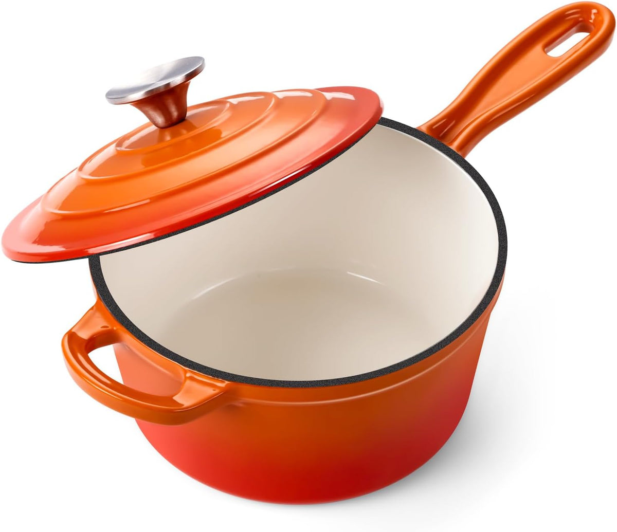 2 Quart Saucepan with Lid, Onader Enameled Cast Iron Sauce Pan, Small Cooking Sauce Pot, Enamel Dutch Oven Pot Nonstick – Sunset Orange