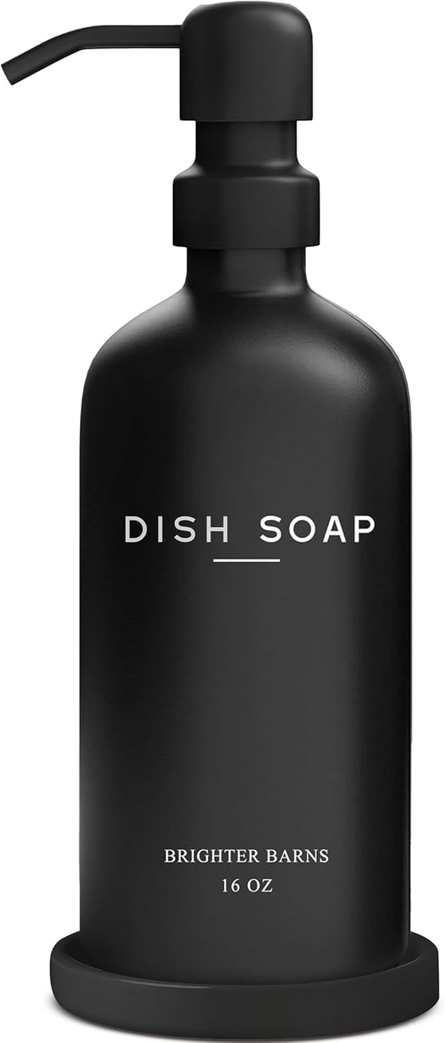 Black Glass Dish Soap Dispenser for Kitchen Sink by Brighter Barns - Modern Kitchen Soap Dispenser Set with Tray and Stainless Steel Pump - Modern Decor for Vacation Rental, Restaurants, Gifts (Black)
