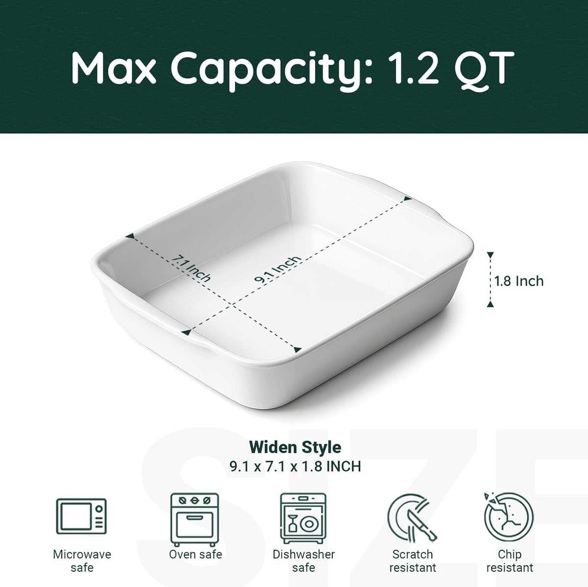 1.2 QT Ceramic Baking Dish, White Casserole Dish,Lasagna Pan for Oven, Bakeware for Baking, Kitchen Decor, Microwave Oven Safe, Dinner Party (7.1" x 9.1")
