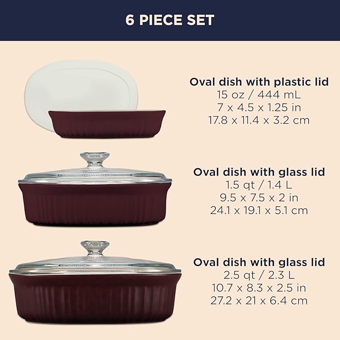 CorningWare Ceramic Bakeware Set with Lids Chip and Crack Resistant Stoneware Baking Dish, Microwave, Dishwasher, Oven, Freezer and Fridge Safe, 6-Piece French Cabernet