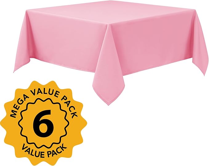 6-Pack Pink Tablecloths for Square Tables, 54 x 54 Inches, Stain-Resistant Polyester Fabric for 2 Foot Tables - Washable Table Covers for Weddings, Banquets, Birthday Parties, Events