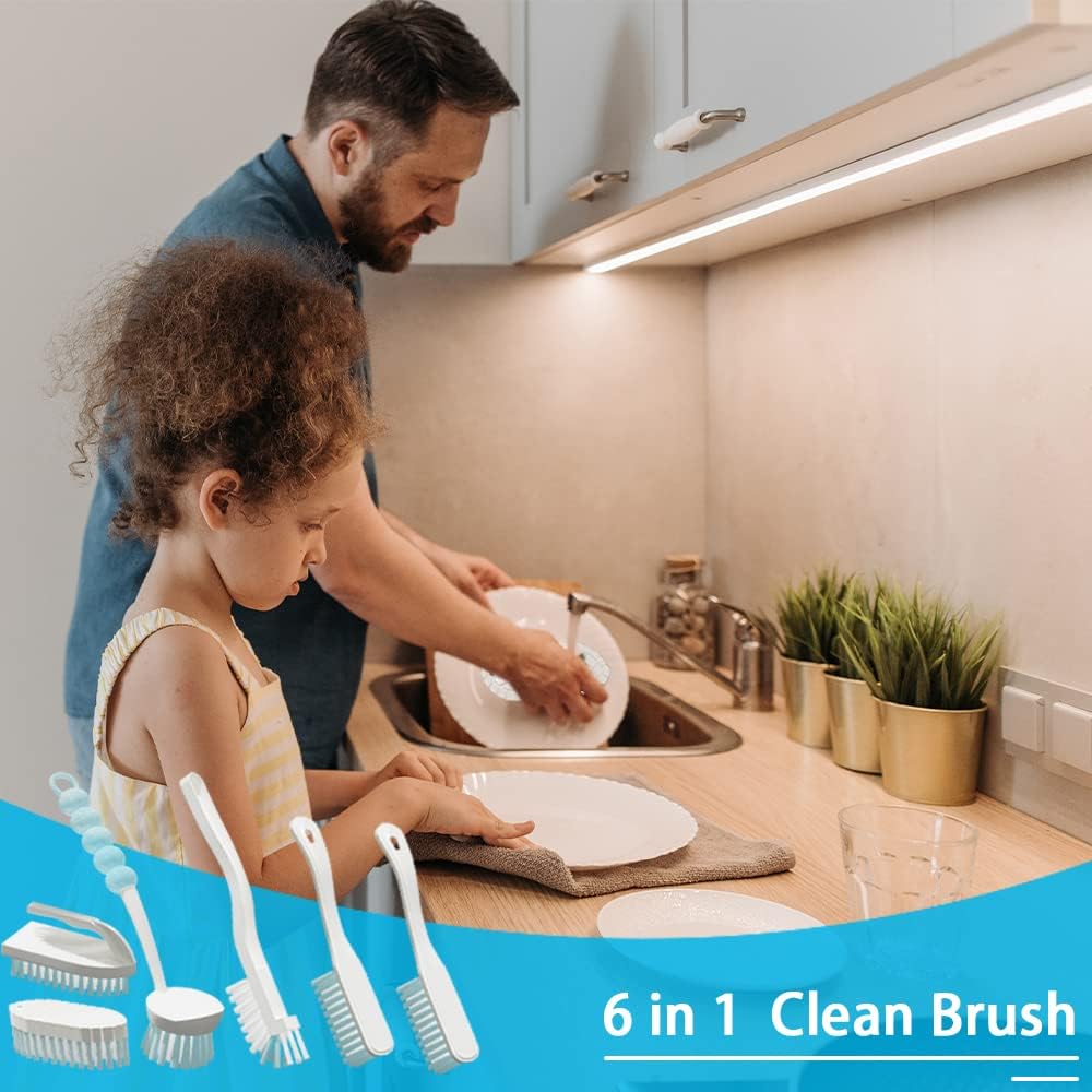 6 PCS Cleaning Brush, Scrub Brush Set for Kitchen and Bathroom Household Use with Various Brushes for Cleaning Dishes, Tiles, Corners and Floors Sky Blue