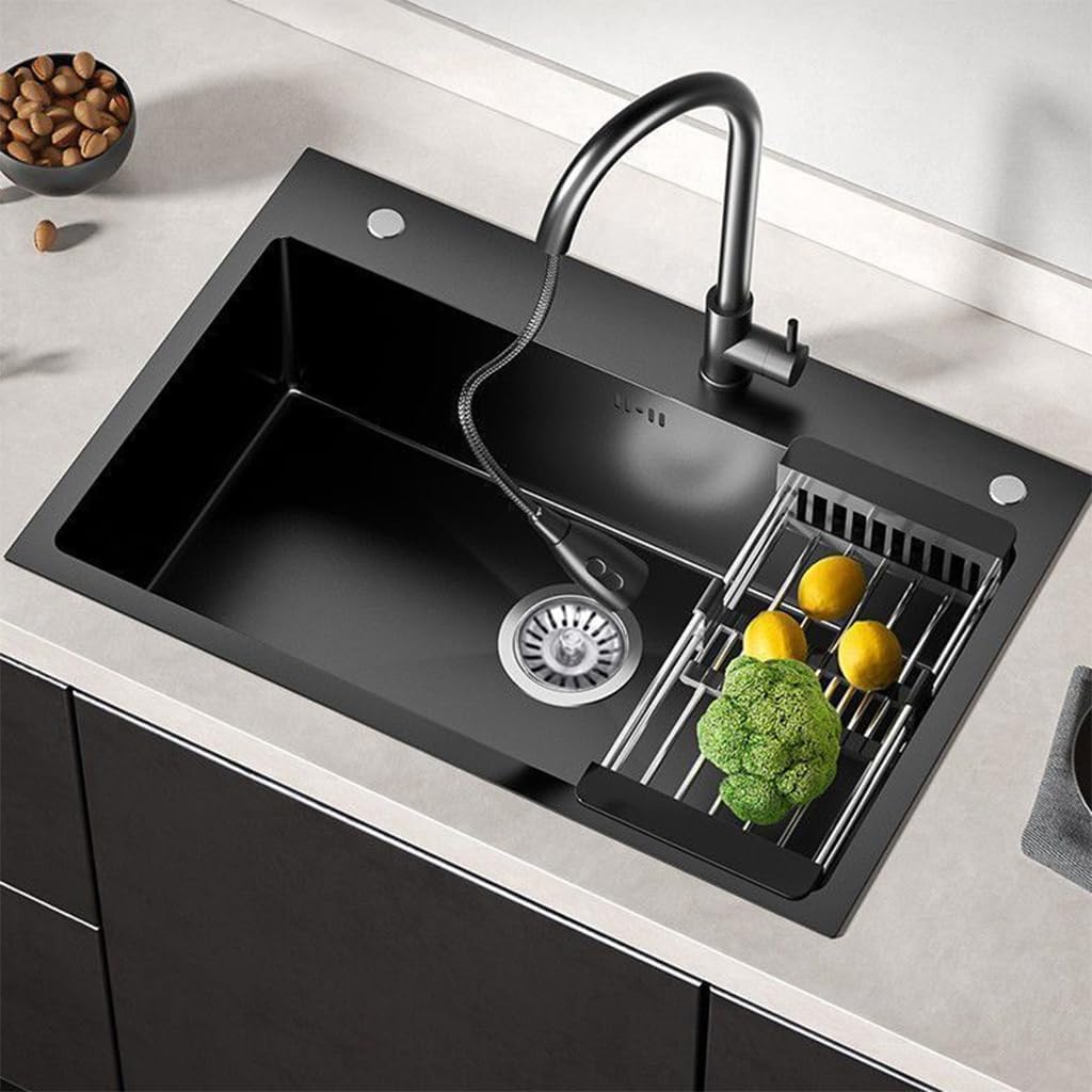 Black Drop in Kitchen Sink, Stainless Steel Single Bowl Sink with 3 Holes, Topmount Workstation Sink, Farmhouse Rectangle Basin with Multiple Accessories (21.7 * 17.7 * 7.9in)