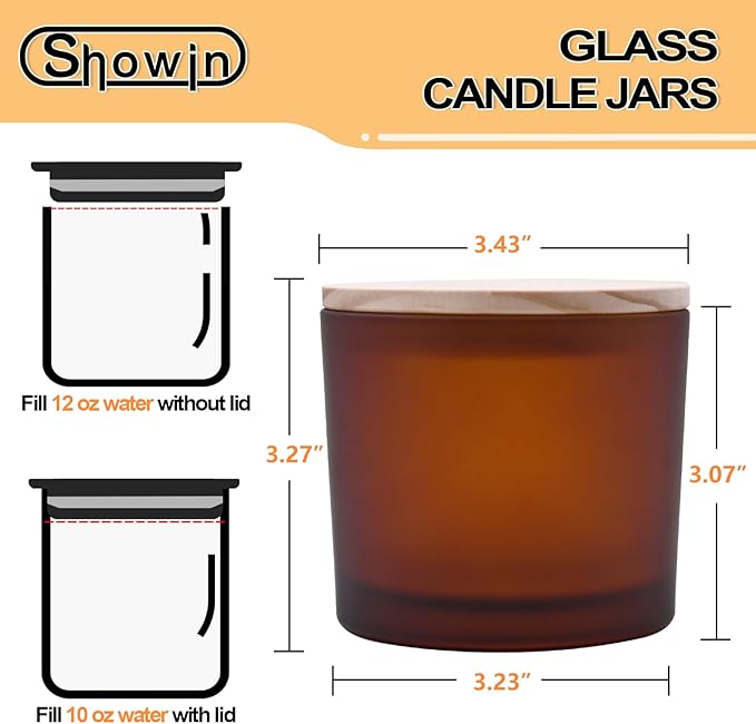 SHOWIN 12 OZ Thick Candle Jars for Making Candles 12 Pcs, Empty Amber Jars with Wood Lids for Spice Jars, Sample Container, Frosted Brown