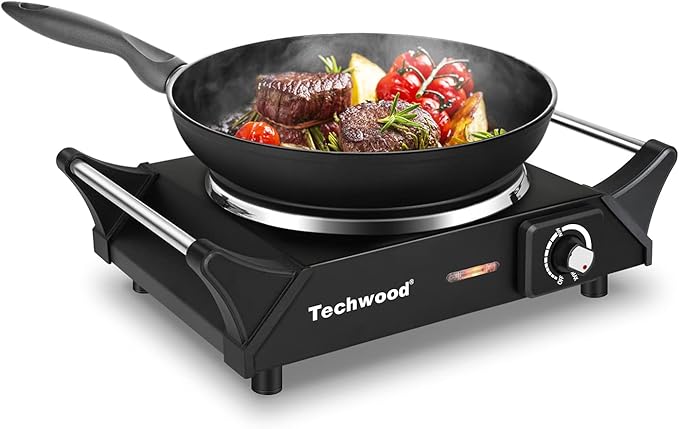 Hot Plate, Techwood Electric Stove for Cooking, 1500W Countertop Single Burner with Adjustable Temperature and Handles, 7.3” Cooktop for RV/Home/Camp, Compatible for All Cookwares Black