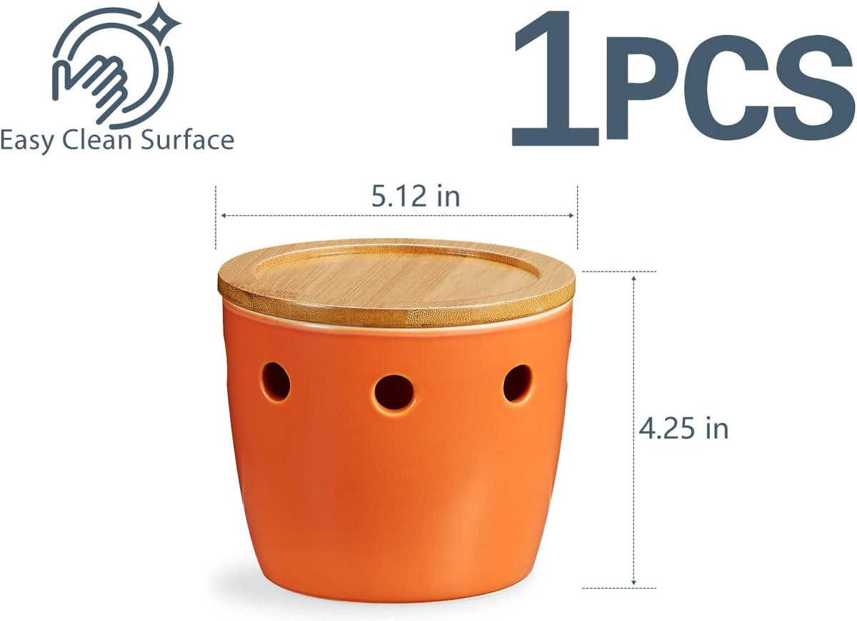ONEMORE Large Garlic Keeper with Lid, Ceramic Garlic Saver 5 inch, Garlic Keeper for Counter, Orange