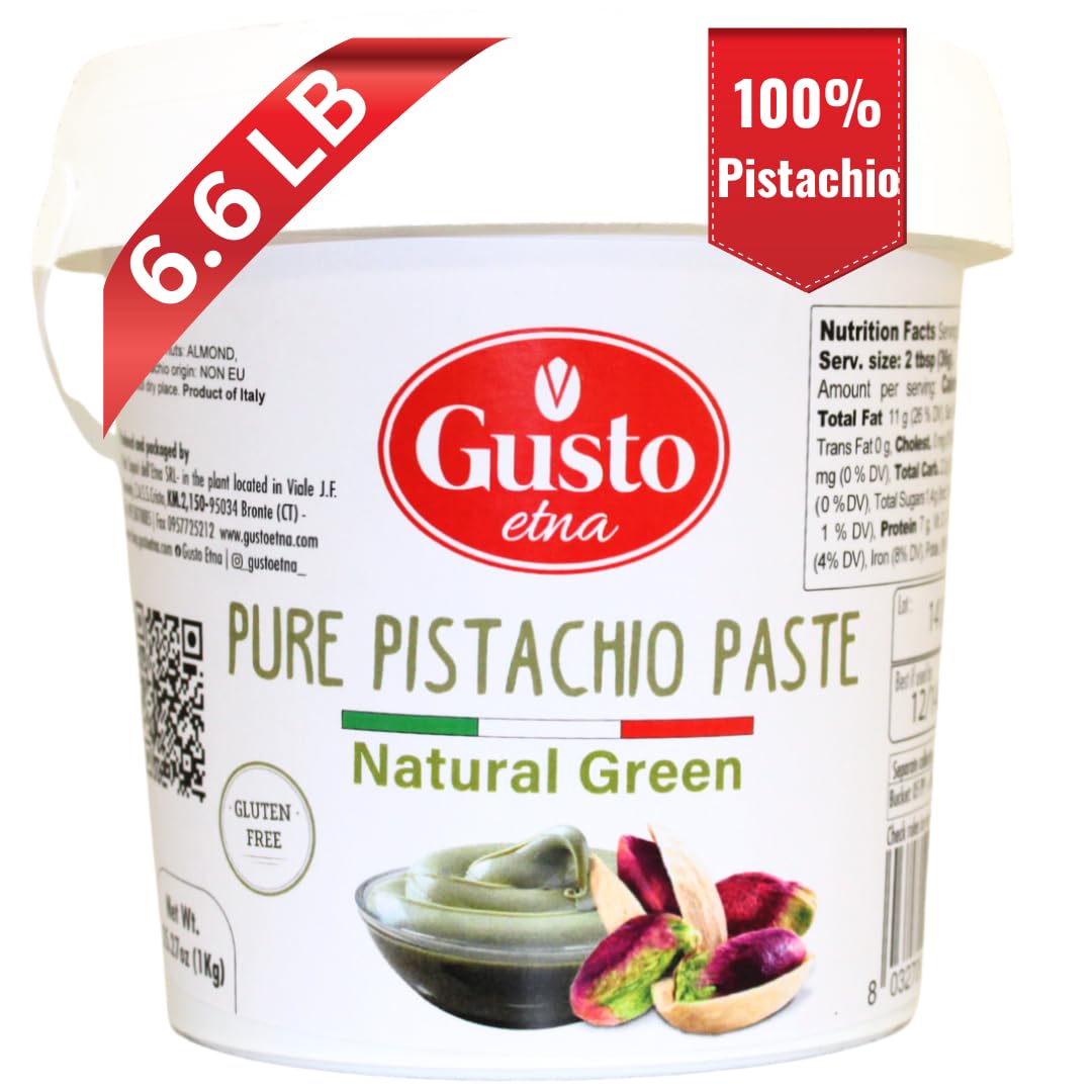 Gusto Etna 100% Pure Pistachio Paste – 3kg / 6.6 lb Bulk Tub – Unsweetened Italian Pistachio Butter, No Sugar, No Artificial Colors – Premium Nut Spread for Baking & Pastry – Product of Sicily