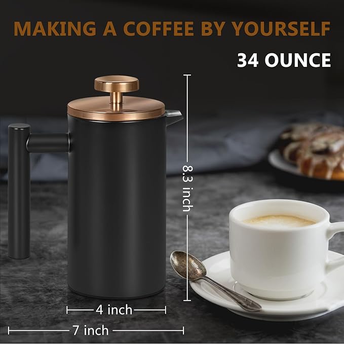 Black Stainless Steel French Press Coffee Maker, Double Wall Insulated French Press,for Coffee&Tea,with 3 Extra Screens and a Coffee Spoon,34oz/1000ml,Gold