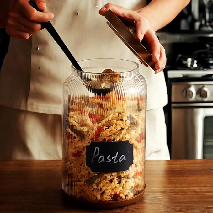 SAIOOL 2-Pack Striped Borosilicate Glass Airtight Canisters - Big mouth Large Capacity, Acacia Wood Lid, Food Storage Jars for Flour, Pasta, Pantry Organization (3/4 Gallon （2 Striped pack）)