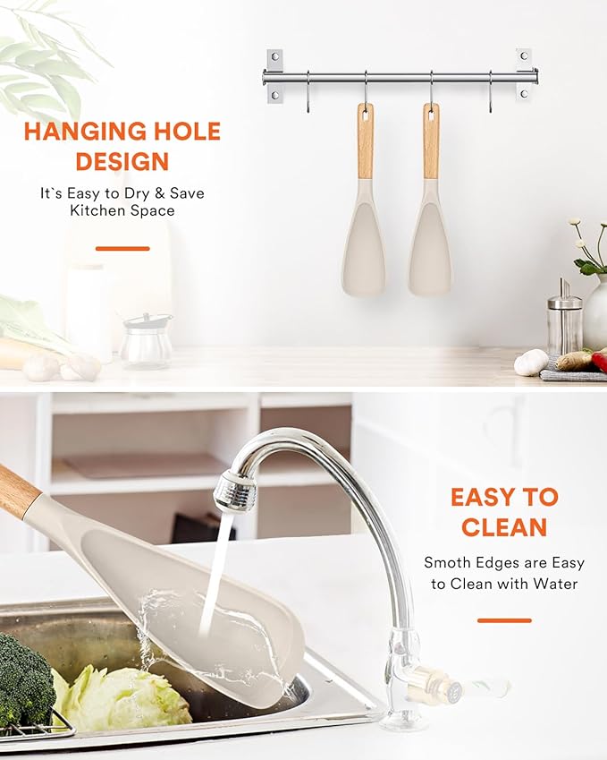 Cooking Spoon for Nonstick Cookwares, Great for Cooking and Serving Sturdy BPA-Free Matte Silicone, Wood Handle Spoon for Mixing, Scoop, and Scrape (2 Pack of Khaki, 11.4 inch)