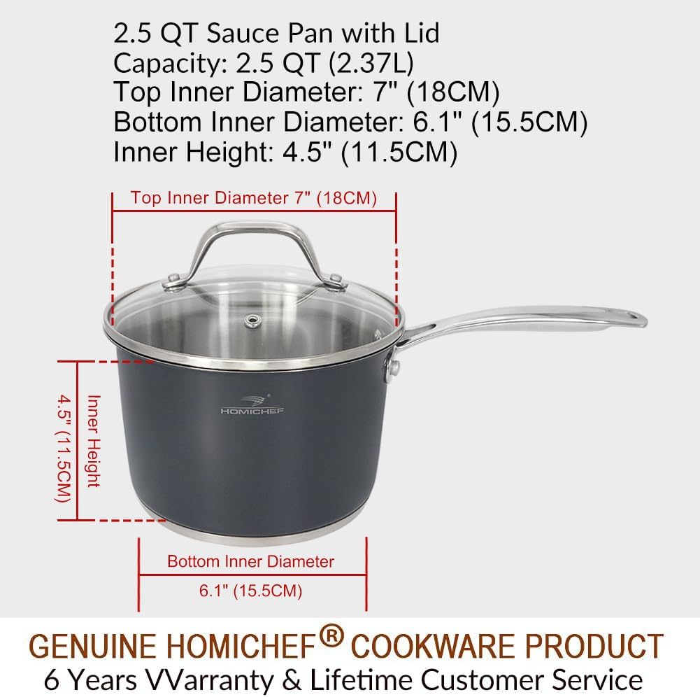 HOMICHEF Matte Polished NICKEL FREE Stainless Steel 2.5 QT Sauce Pan with Glass Lid (No Toxic Non Stick Coating) - Navy Gray Non Toxic Stainless Steel Induction Saucepan with Lid
