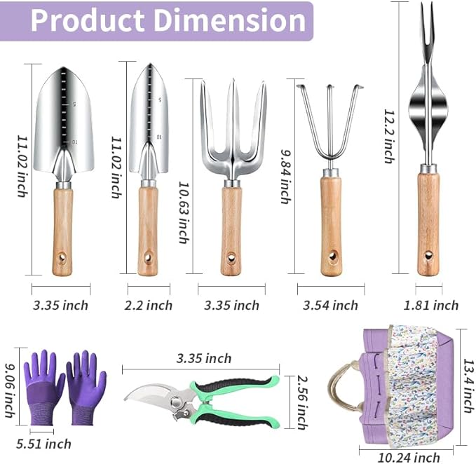 Garden Tools Set 9-Piece, Heavy Duty Stainless Steel Garden Hand Tools with Floral Tote Bag - Rust-Proof Garden Tools for Gardening, Gardening Gifts for Women Mom