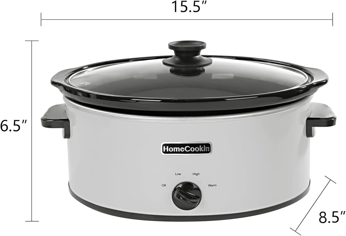 HOMECOOKIN 6 Quart Slow Cooker Oval Manual Pot Food Warmer with 3 Cooking Settings, White Stainless Steel