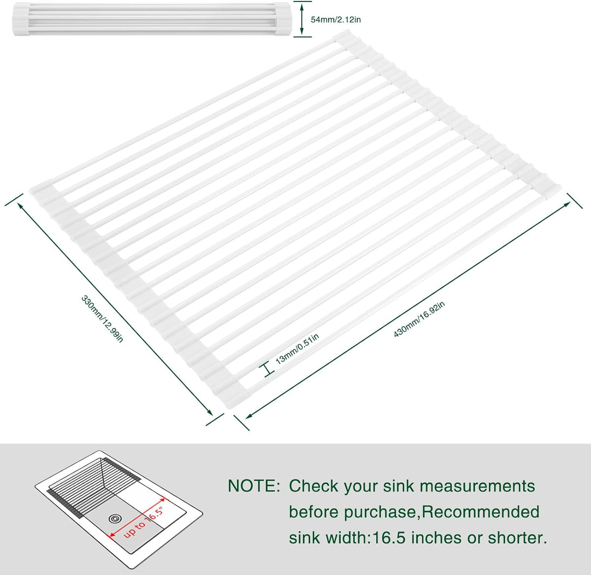 Roll Up Dish Drying Rack Over The Sink Kitchen Roll Up Sink Drying Rack Multipurpose Foldable Sink Drying Mat, Heat-Resistant, Anti-Slip & Anti-Rust Dish Rack for Kitchen, 17" x 13", White
