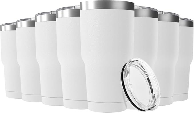 30oz Stainless Steel Travel Mug with Lid, 8 Pack Double Wall Vacuum Insulated Bulk Tumbler, Powder Coated Coffee Cup Suitable for Vehicle Cup Holders(White)