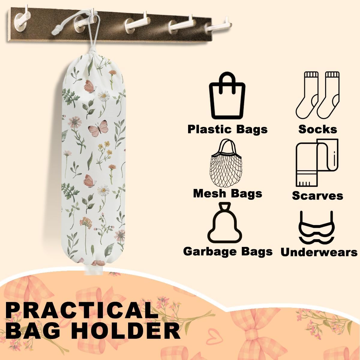 Boho Floral Plastic Bag Holder, Wall Mount Trash Bag Holder, Rustic Butterfly Large Reusable Grocery Bags Storage Dispenser for Home Kitchen Pantry Farmhouse, Flower Gifts for Women, 22.5x9 Inch