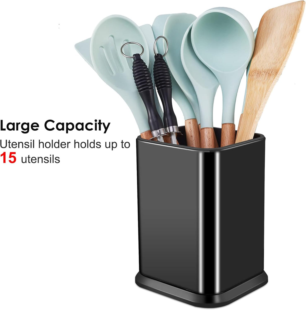 RedCall Stainless Steel Kitchen Utensil Holder for Countertop, Spoon Spatula Organizer,Modern Rectangular Large Cooking Utensil Caddy Counter,Utensil Crock (Stainless Steel Black)
