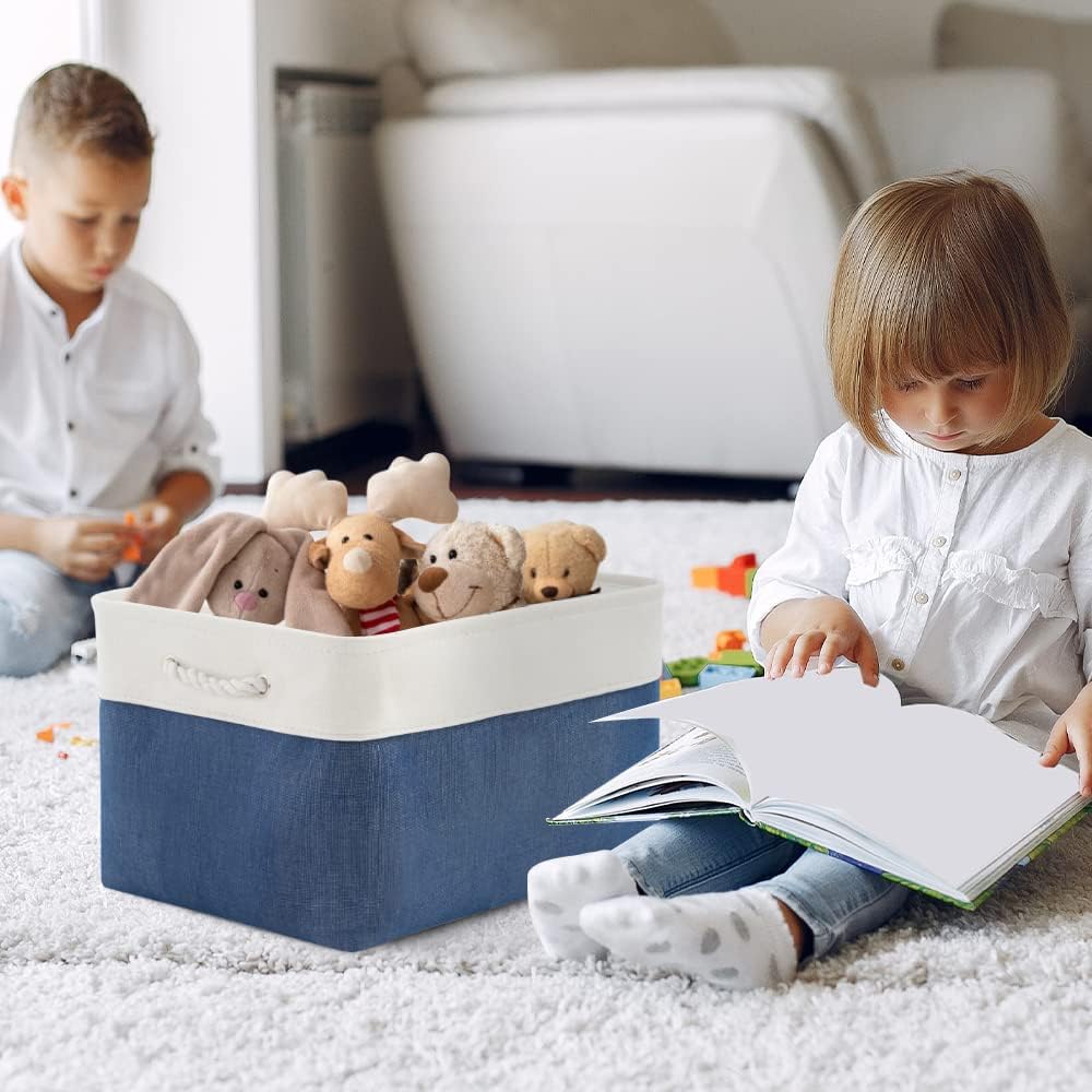 Organization and Storage Bins for Shelves - 2 Pack 17X15X12 inch Canvas Storage Cubes Collapsible Baskets for Organizing with Handles, Storage Box for Cloth Decorative (White & Blue)