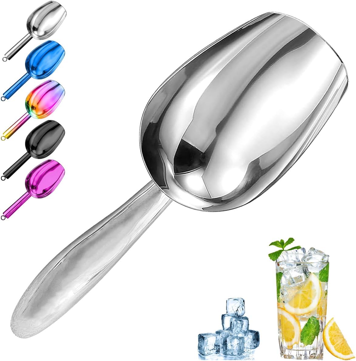 Metal Ice Scoop，Kitchen Ice Scooper for Ice Maker,Stainless Steel Small Ice Scooper for Freezer，Kitchen Gadgets Cookie Flour Pet Dog Food Scoop (Curved handle silver, 3oz)