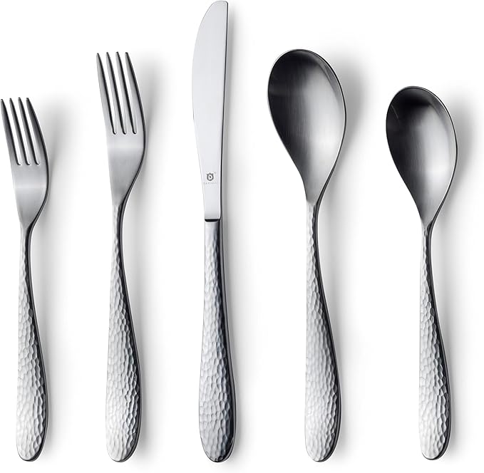 Matte Silverware Set, 18/10 Stainless Steel Satin Flatware, Modern Brushed Finish Cutlery, Dishwasher Safe & Durable, Built to Last (40-Piece, Marettimo Hammered)