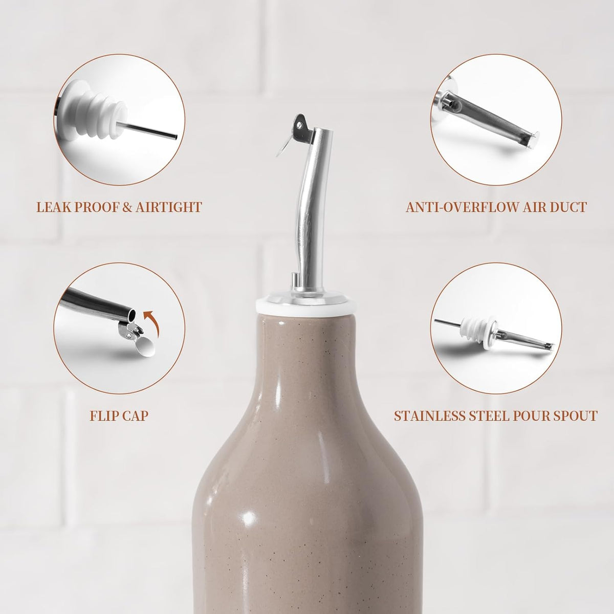 famiware Milkyway 16oz Ceramic Olive Oil Dispenser Bottle, Olive Oil and Vinegar Dispenser Bottle Set of 2 with Stainless Steel Pourers, Suitable for Storage Liquids, Dark Gray and Cinnamon Brown