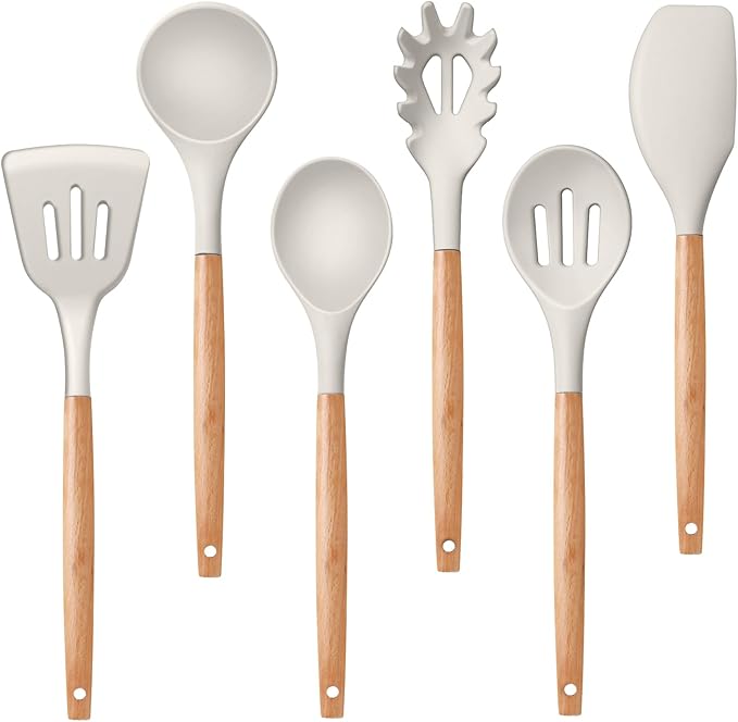 P&P CHEF Cooking Utensils Set, 6 PCS Kitchen Utensils with Wooden Handle, Silicone Spatula for Nonstick Cookware, Easy Clean & Non-toxic, Khaki