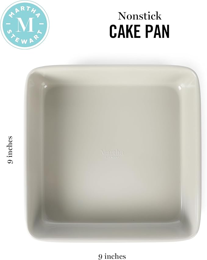 Martha Stewart Gallen 9 Inch Square Nonstick Carbon Steel Cake Pan – Cool Grey, Durable Bakeware for Even Baking and Easy Release