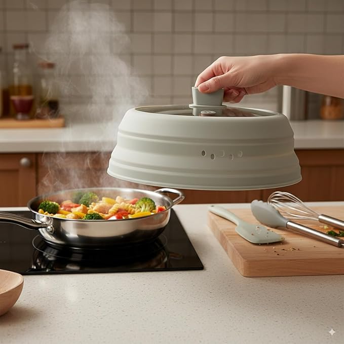 Microwave Splatter Cover Glass Microwave Cover for Food Collapsible Splatter Guard Lid with Silicone Handle for Pot Plate Bowl 9.8 Inch Gray