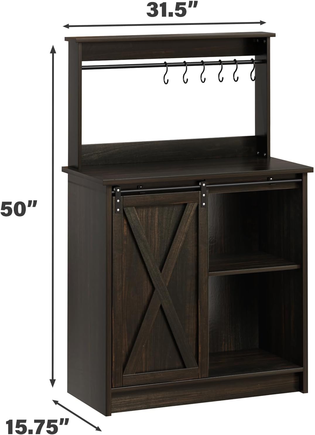4ever2buy Farmhouse Coffee Bar Cabinet with Hutch, 50 Inch Coffee Bar Hutch with Sliding Barn Door & 6 Hooks for Living Dining Room, Dark Oak