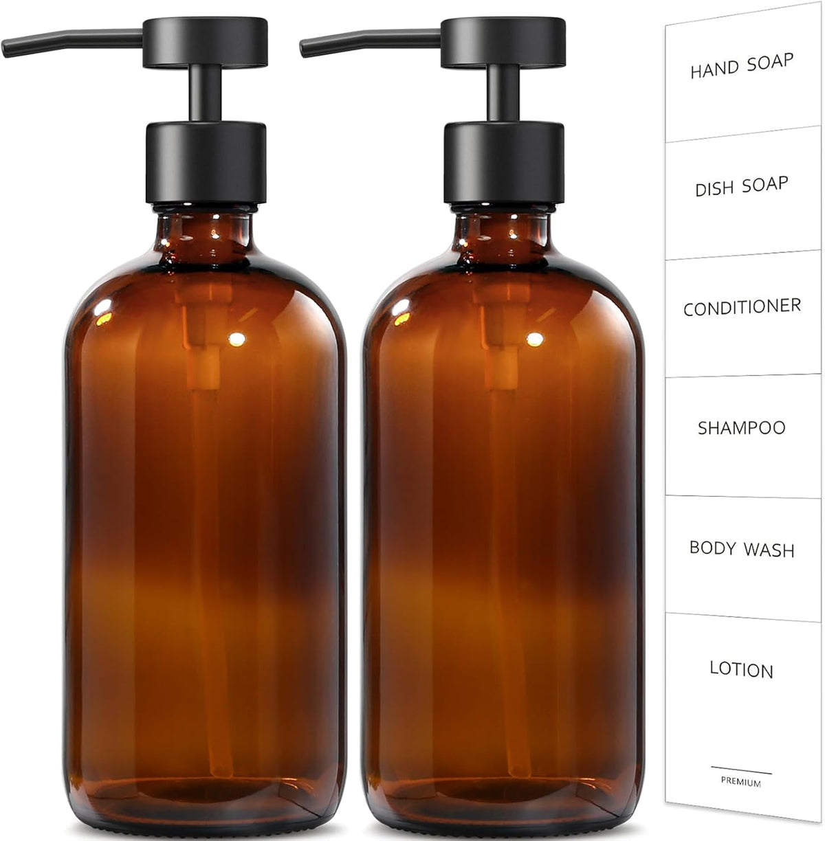 GMISUN Amber Glass Soap Dispenser, 2 Pack Bathroom Hand Soap Dispensers with Stainless Steel Flat Pump, 17 Fl Oz Kitchen Dish Soap Dispenser, Modern Vintage Liquid Brown Soap Dispensers Bottle Set
