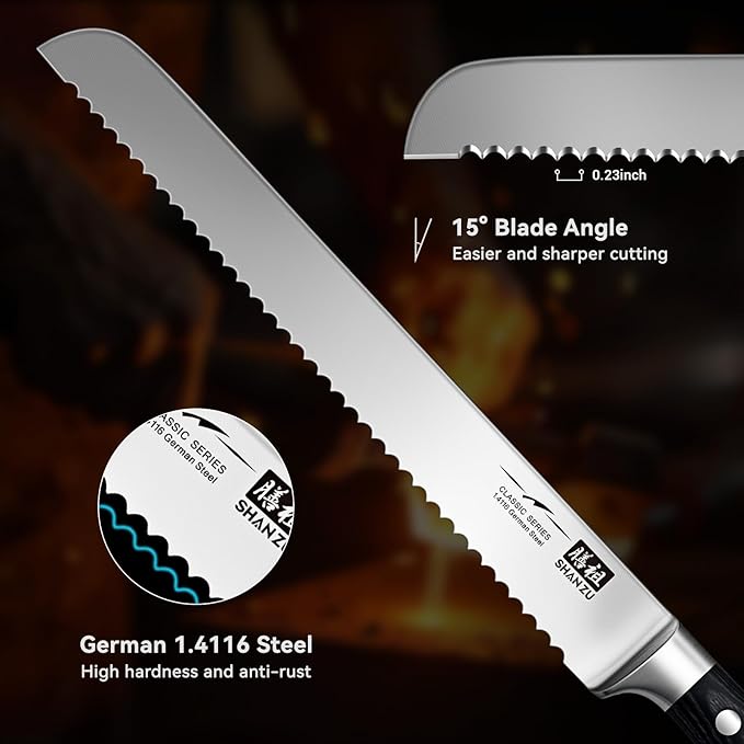 SHAN ZU 10" Bread Knife - Sourdough Slicing Knife Professional German 1.4116 Stainless Steel Serrated Blade, Ergonomic Wood Handle & Full Tang Design, Gift Box Included (Single-Edge