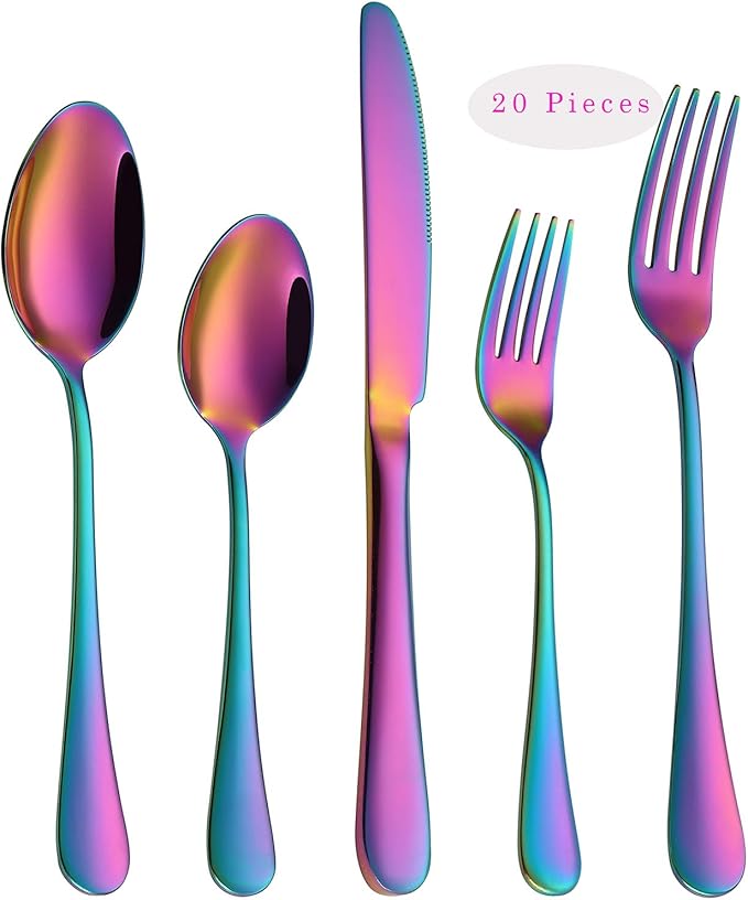 VANDBAO Rainbow Flatware Cutlery Silverware Set 20 Pieces, Stainless Steel Colorful Utensils, Tableware Set Service for 4, Include Knife/Fork/Spoon, Reusable, Mirror Polished, Dishwasher Safe